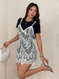 PETITE Lace Patchwork White Charcoal Gray Short Dress,Petite Women