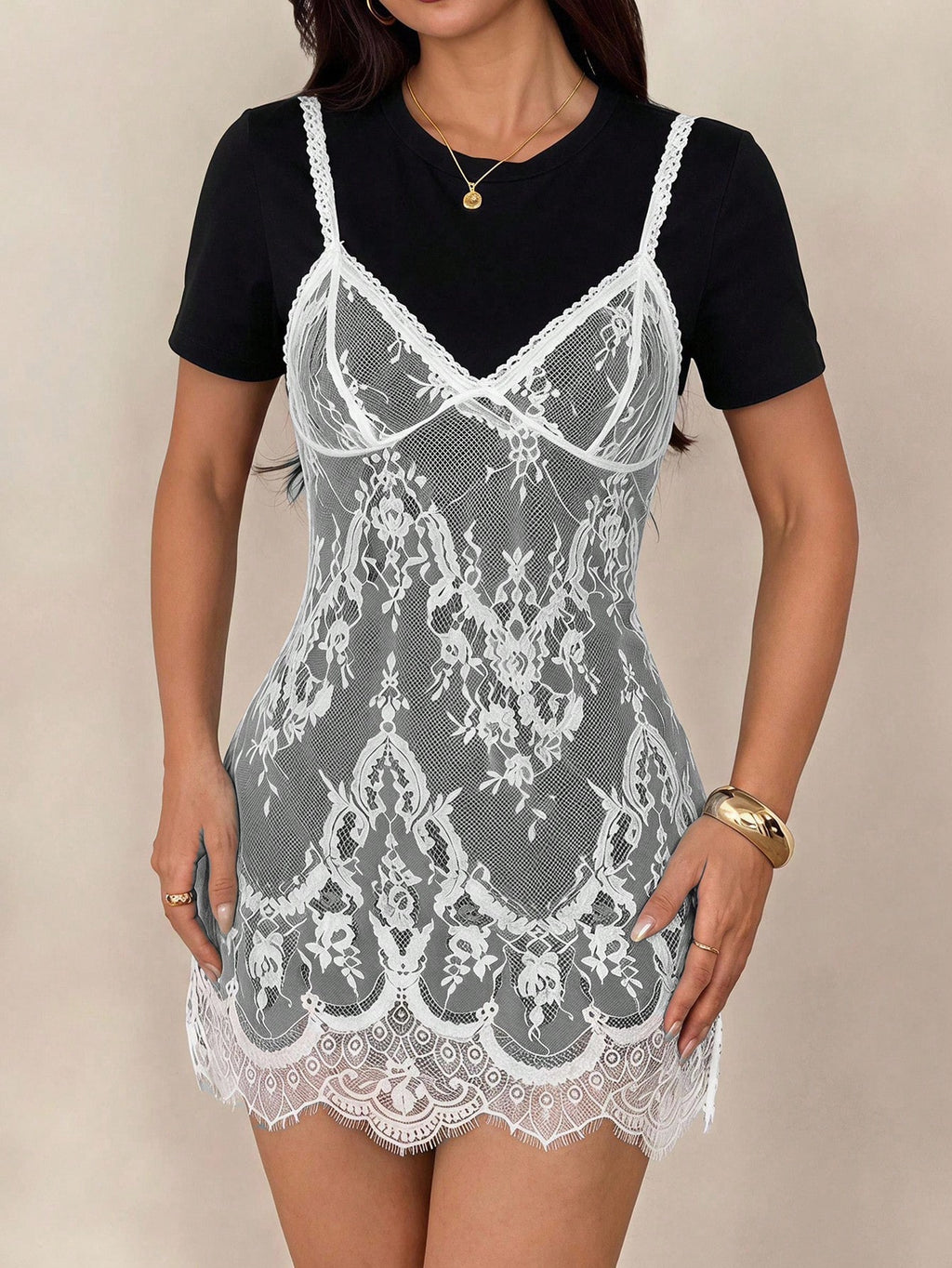 PETITE Lace Patchwork White Charcoal Gray Short Dress,Petite Women