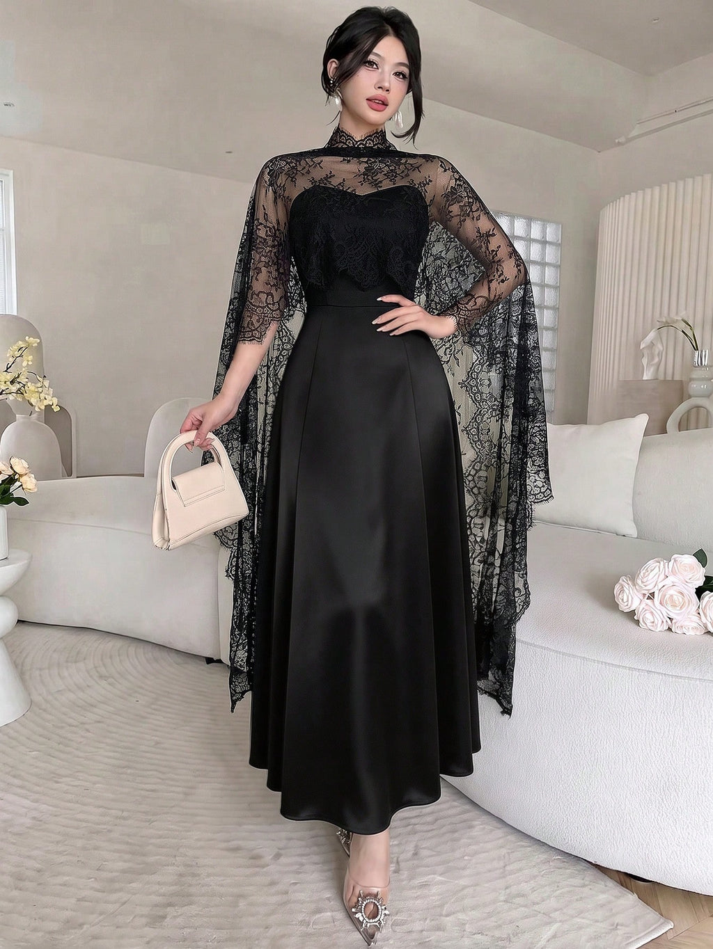 Celisse Women's Lace Shawl Bustier Waist-Cinching Mid-Length Dress, Elegant For Spring/Autumn Party - image 5
