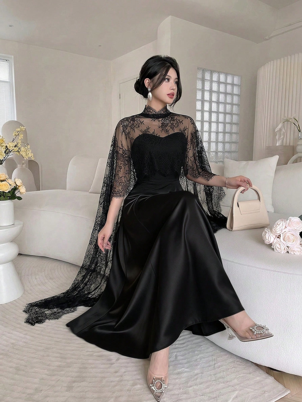 Celisse Women's Lace Shawl Bustier Waist-Cinching Mid-Length Dress, Elegant For Spring/Autumn Party - image 4