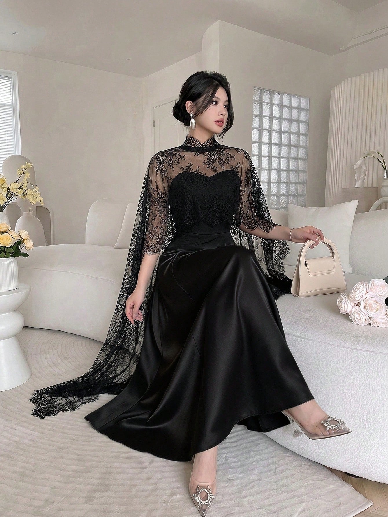 Celisse Women's Lace Shawl Bustier Waist-Cinching Mid-Length Dress, Elegant For Spring/Autumn Party - image 4