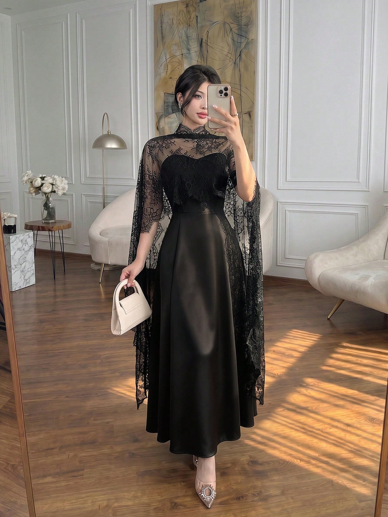 Celisse Women's Lace Shawl Bustier Waist-Cinching Mid-Length Dress, Elegant For Spring/Autumn Party - image 6