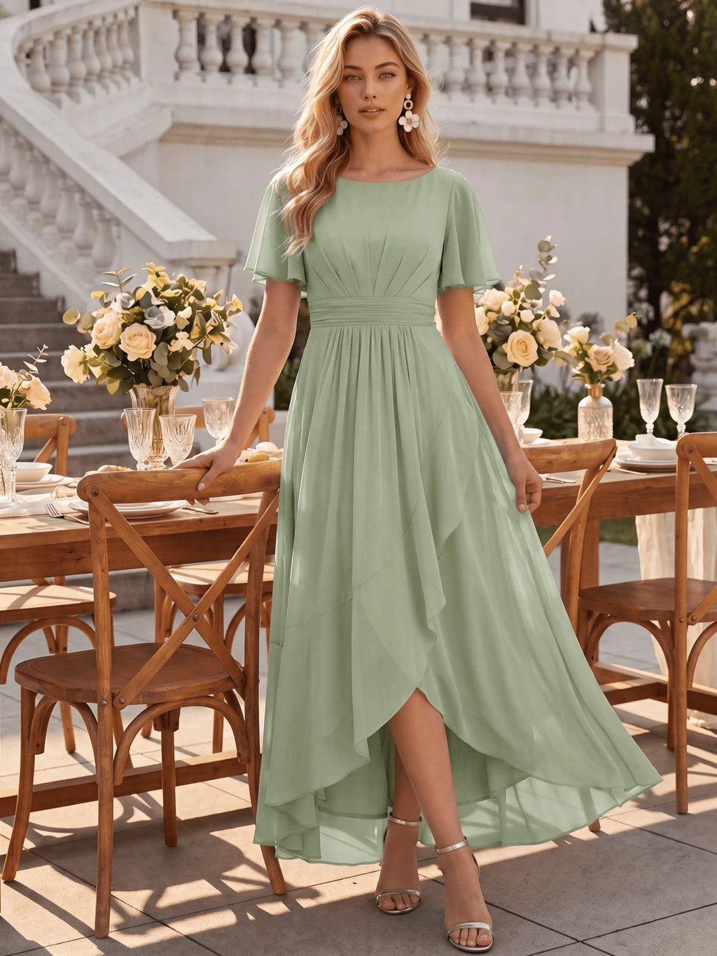 EVERPRETTY Elegant Chiffon Sage Green Bridesmaid Dress, Lantern Sleeve Asymmetric Hem Women's Wedding Guest - image 9