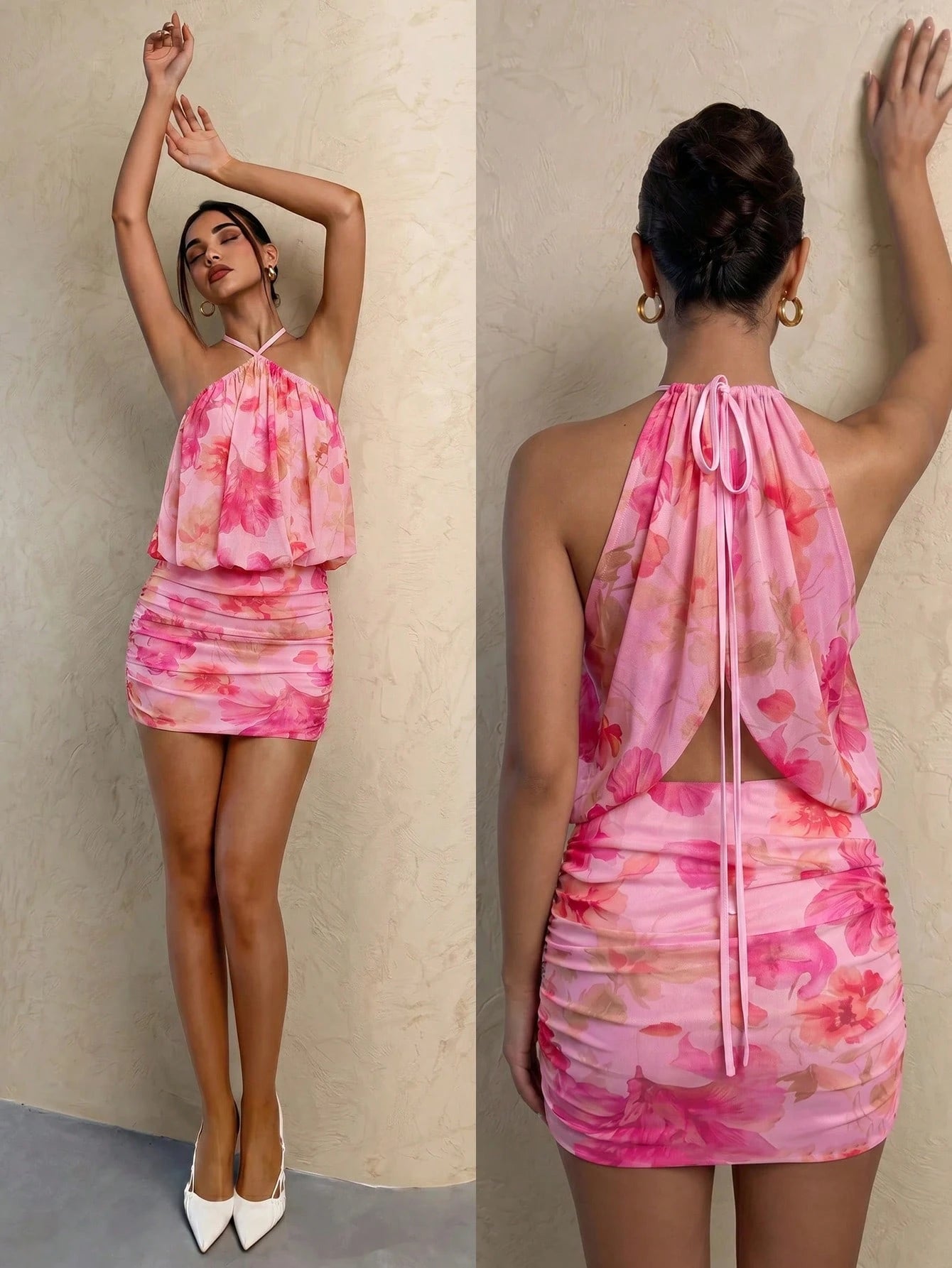 Glamine Hot Pink Floral Mesh Mini Dress Elegant Sexy Halter Neck Draped Cowl Front Bodycon Ruched Soft Lined - image 11