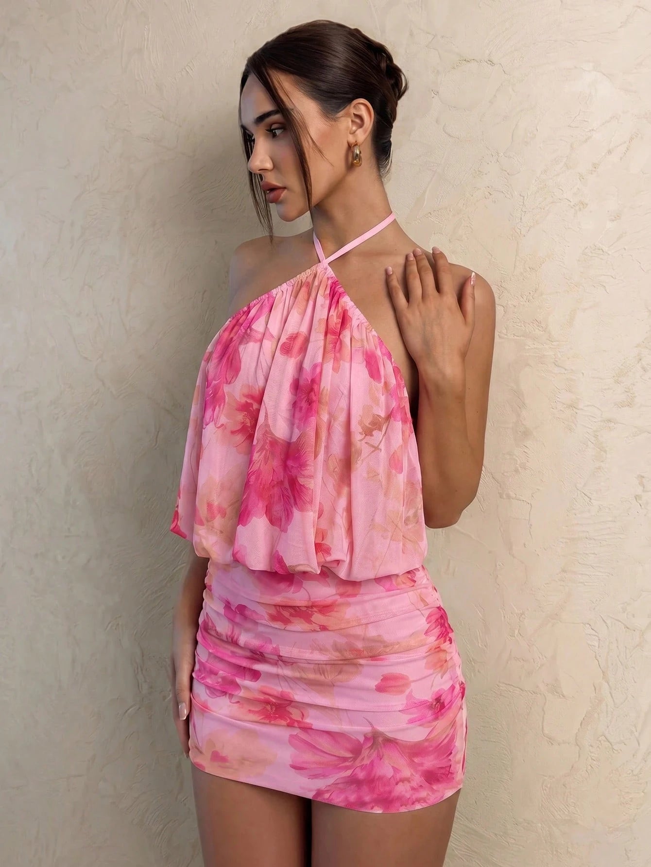Glamine Hot Pink Floral Mesh Mini Dress Elegant Sexy Halter Neck Draped Cowl Front Bodycon Ruched Soft Lined - image 16