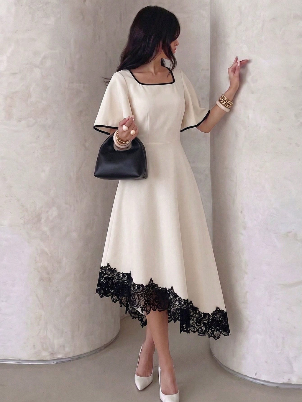 NOVVYNE Women's Dress, Elegant Lace Trim Asymmetrical Hem Cream White