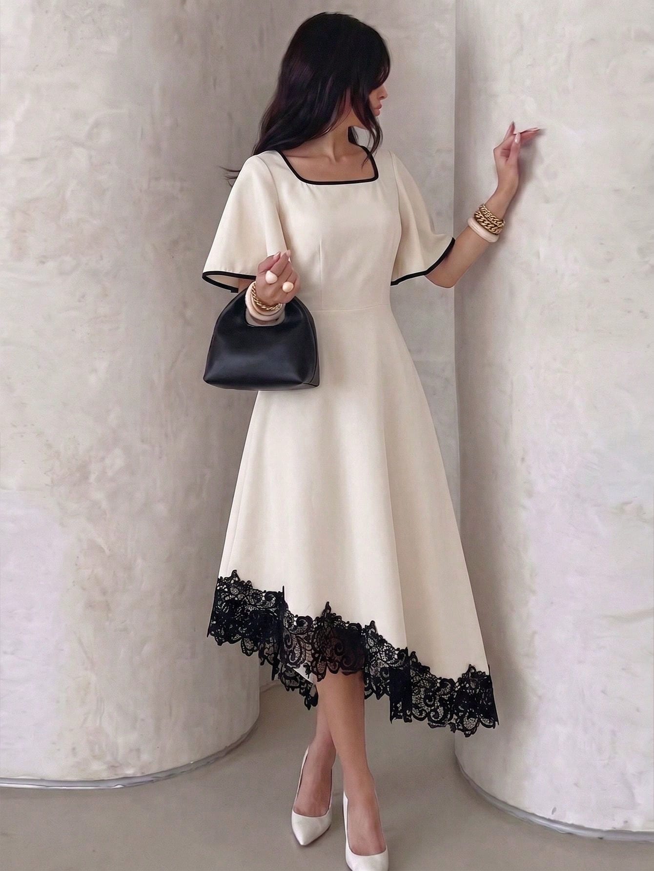 NOVVYNE Women's Dress, Elegant Lace Trim Asymmetrical Hem Cream White