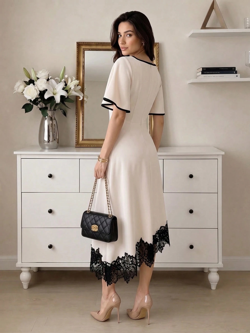 NOVVYNE Women's Dress, Elegant Lace Trim Asymmetrical Hem Cream White