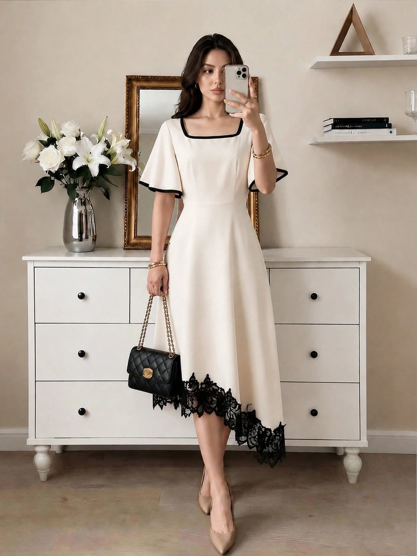 NOVVYNE Women's Dress, Elegant Lace Trim Asymmetrical Hem Cream White Midi A Line Dress For Summer Party Dat - image 3