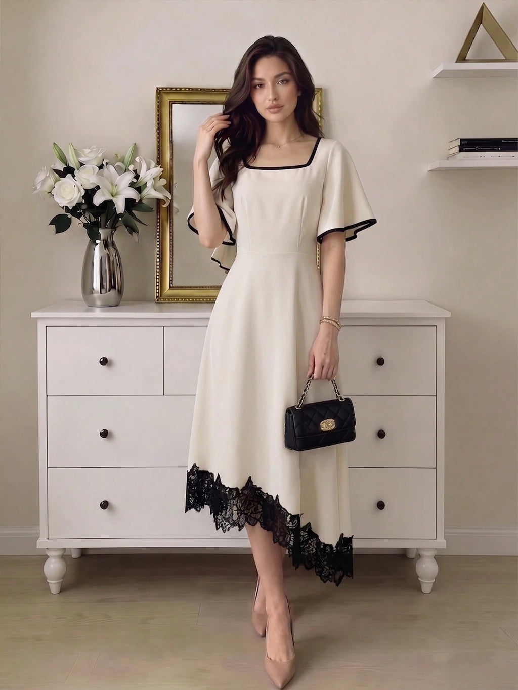 NOVVYNE Women's Dress, Elegant Lace Trim Asymmetrical Hem Cream White