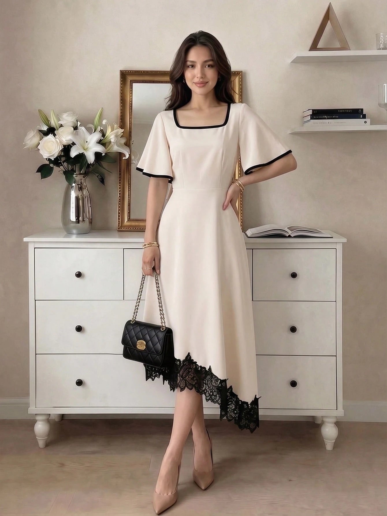NOVVYNE Women's Dress, Elegant Lace Trim Asymmetrical Hem Cream White