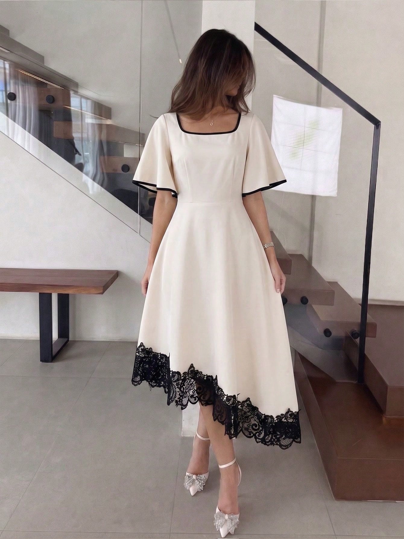 NOVVYNE Women's Dress, Elegant Lace Trim Asymmetrical Hem Cream White