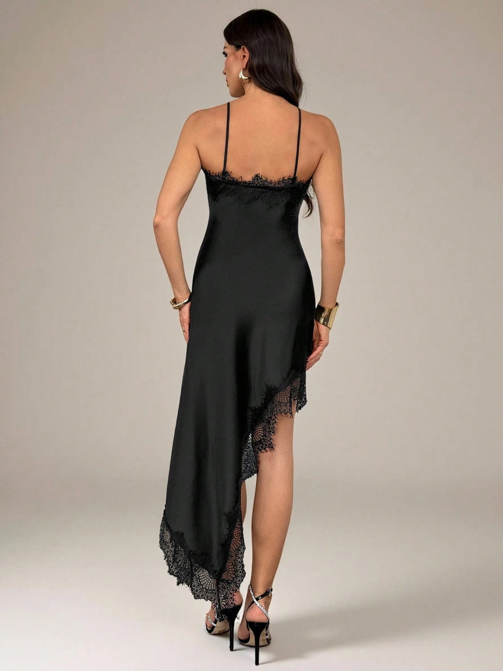 Tall Women's Elegant Solid Color Lace Patchwork Asymmetric Hem Dress, Summer,Black Dress For Women - image 7