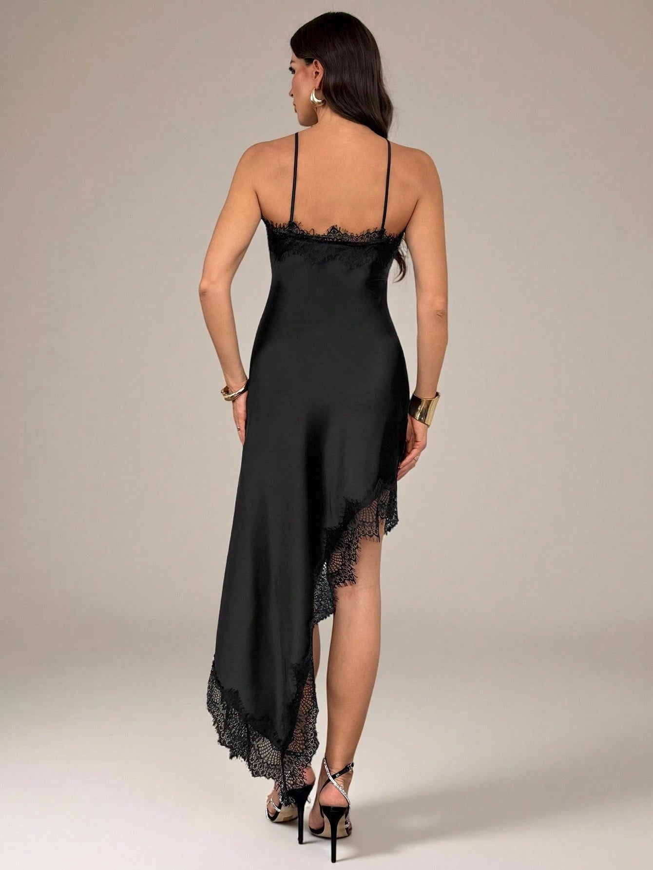 Tall Women's Elegant Solid Color Lace Patchwork Asymmetric Hem Dress, Summer,Black Dress For Women - image 7