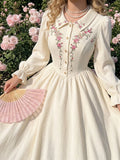 Vintamour Vintage Elegant Women's Dress With Pockets, Ditsy Floral, Embroidery, Peter Pan Collar, Buttons,