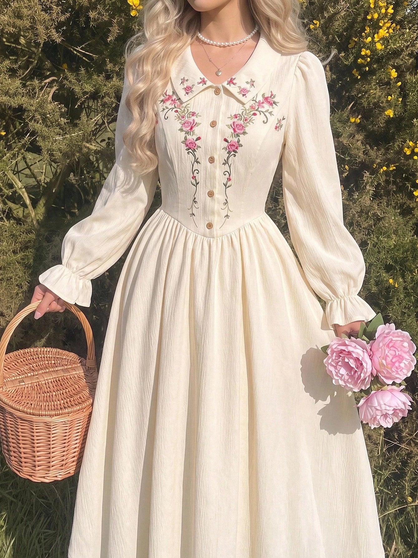 Vintamour Vintage Elegant Women's Dress With Pockets, Ditsy Floral, Embroidery, Peter Pan Collar, Buttons, - image 3
