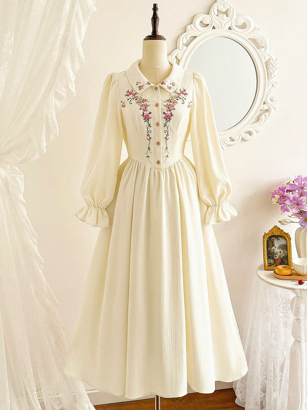 Vintamour Vintage Elegant Women's Dress With Pockets, Ditsy Floral, Embroidery, Peter Pan Collar, Buttons, - image 4