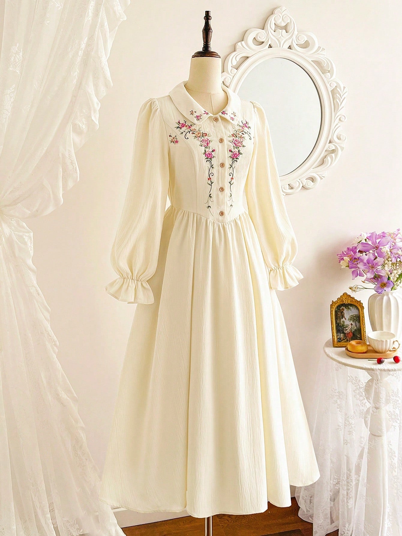 Vintamour Vintage Elegant Women's Dress With Pockets, Ditsy Floral, Embroidery, Peter Pan Collar, Buttons, - image 6