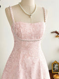 Vintamour Vintage Classic Elegant Women's Fitted Jacquard Dress With Pearl Trim, Spaghetti Strap Pink