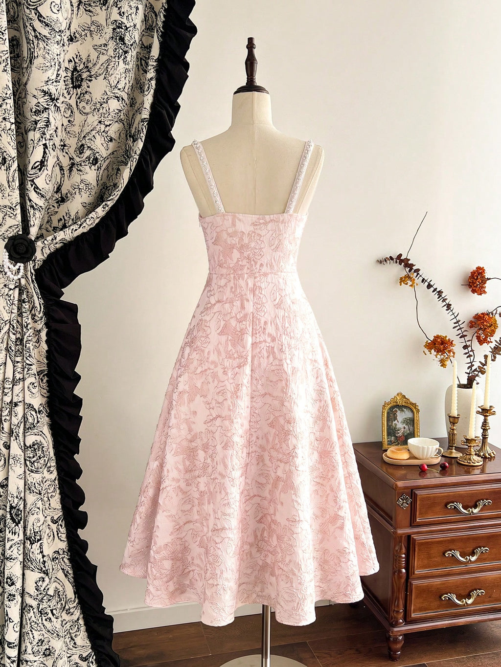 Vintamour Vintage Classic Elegant Women's Fitted Jacquard Dress With Pearl Trim, Spaghetti Strap Pink - image 2