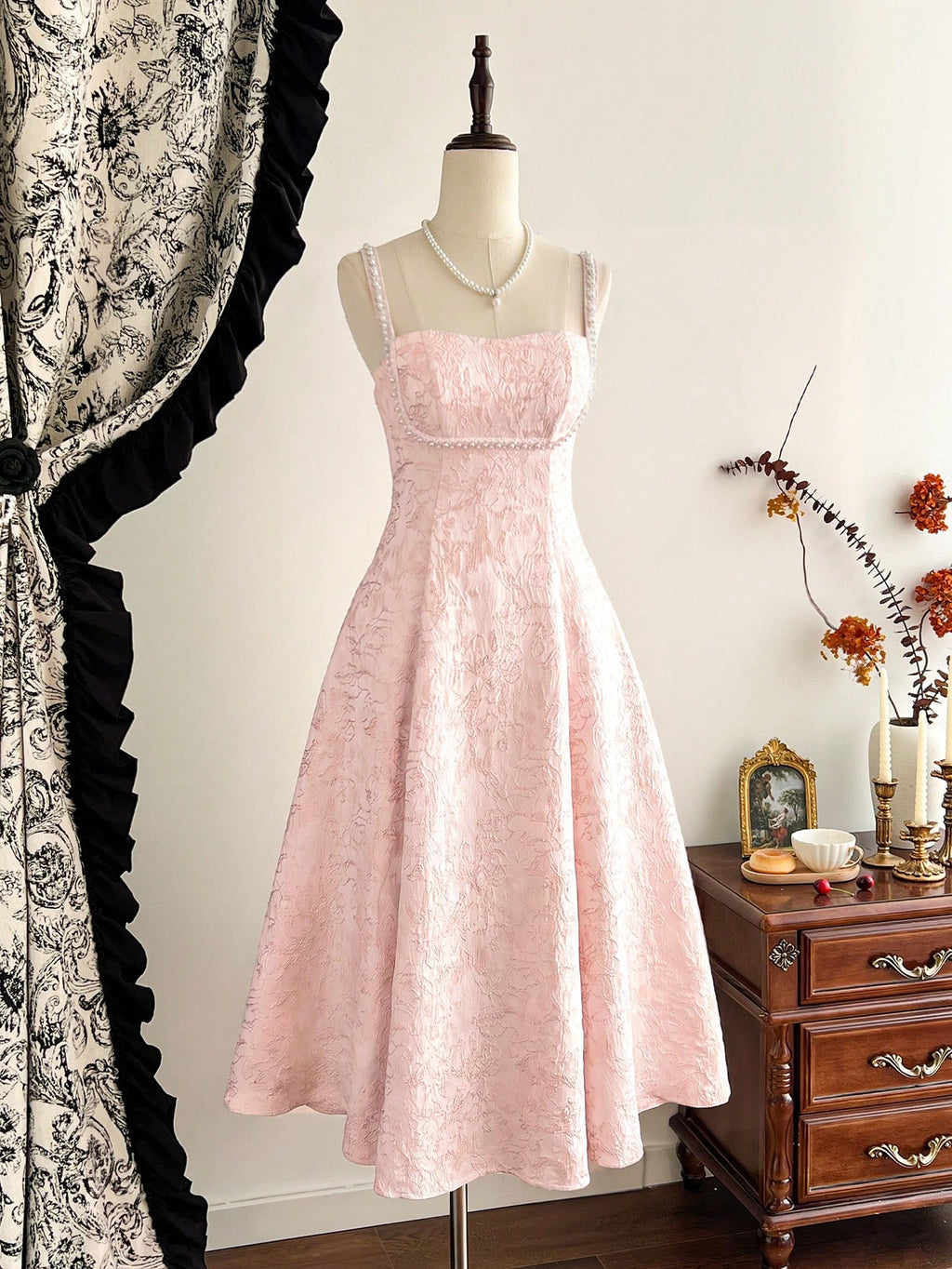 Vintamour Vintage Classic Elegant Women's Fitted Jacquard Dress With Pearl Trim, Spaghetti Strap Pink - image 3