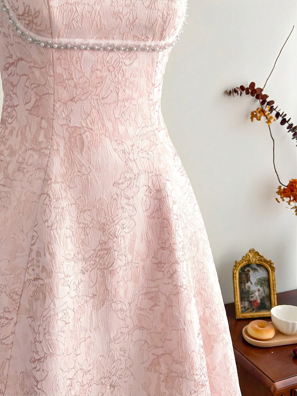 Vintamour Vintage Classic Elegant Women's Fitted Jacquard Dress With Pearl Trim, Spaghetti Strap Pink - image 4