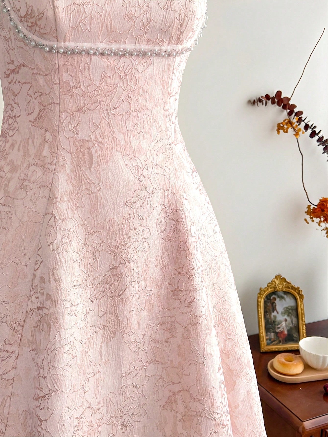 Vintamour Vintage Classic Elegant Women's Fitted Jacquard Dress With Pearl Trim, Spaghetti Strap Pink - image 4