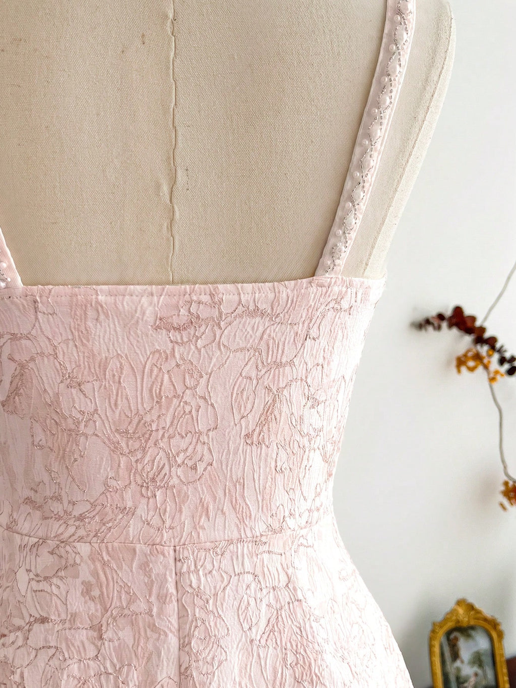 Vintamour Vintage Classic Elegant Women's Fitted Jacquard Dress With Pearl Trim, Spaghetti Strap Pink - image 5