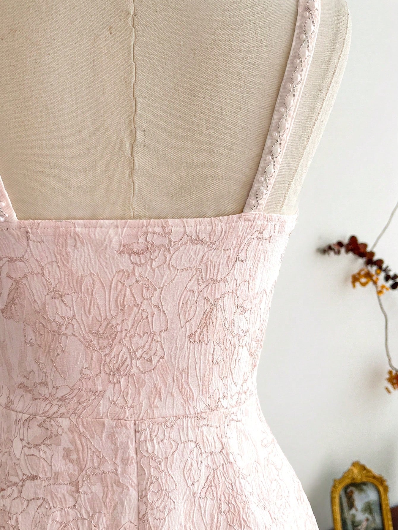 Vintamour Vintage Classic Elegant Women's Fitted Jacquard Dress With Pearl Trim, Spaghetti Strap Pink - image 5