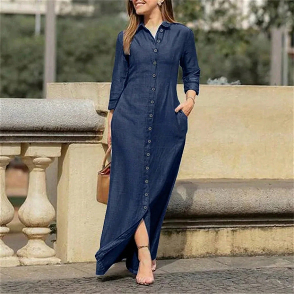 Women's Blue Denim Shirt Maxi Dress, 3/4 Sleeve Button-Front Casual