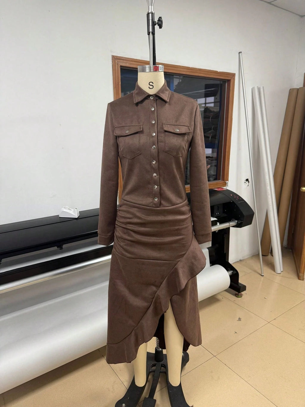 Faux Suede Western Style Lapel Button Down Long Sleeve Ruched High
