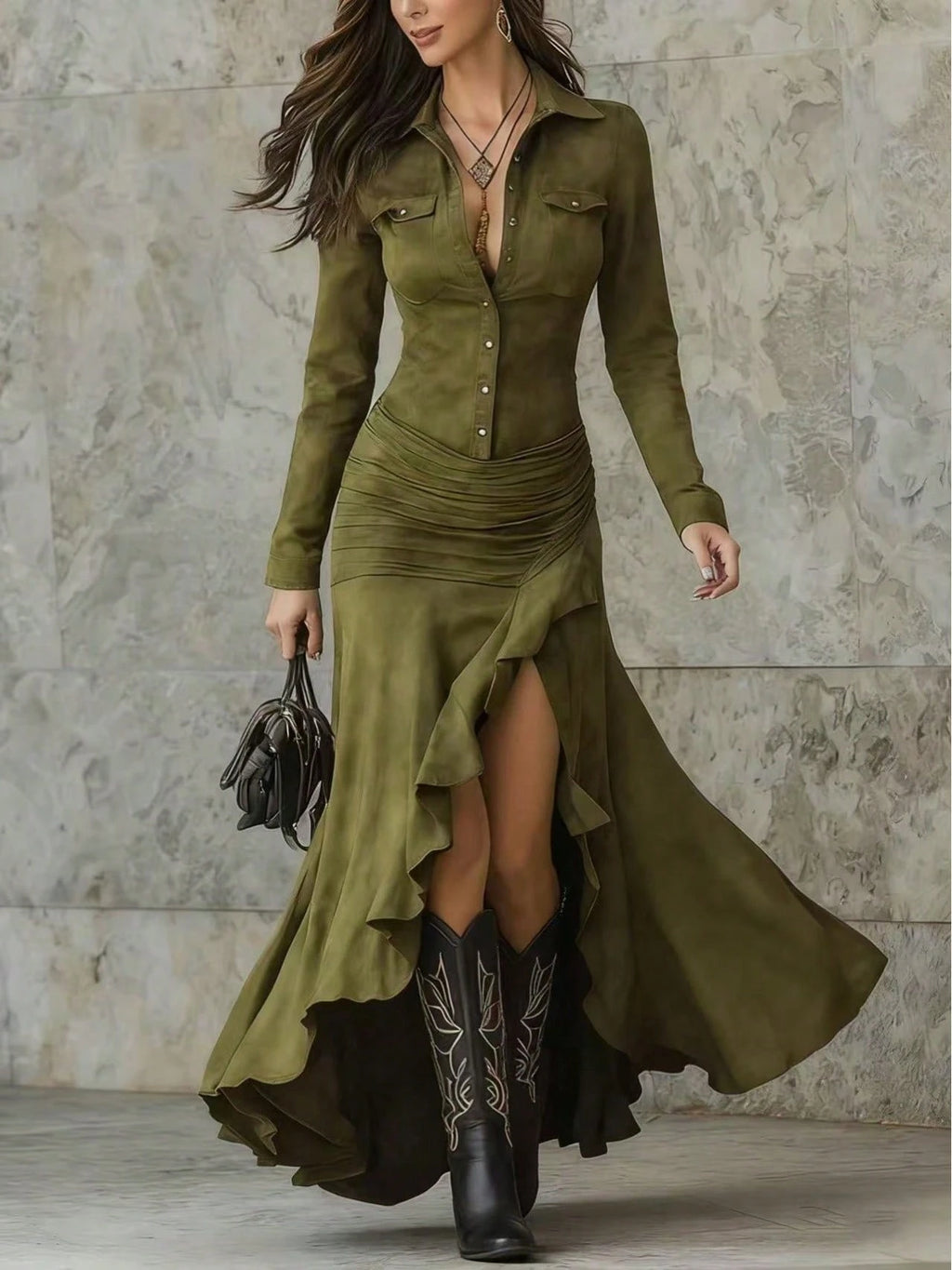 Faux Suede Western Style Lapel Button Down Long Sleeve Ruched High