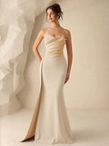 Coutiva Women's Burgundy Summer Elegant Formal Wedding Dress,Ruched Fishtail Hem Strapless Bridesmaid