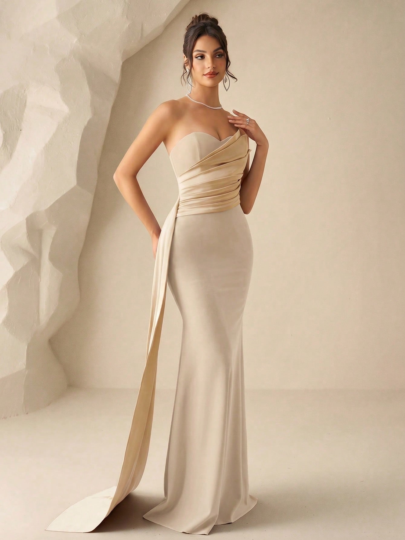 Coutiva Women's Burgundy Summer Elegant Formal Wedding Dress,Ruched Fishtail Hem Strapless Bridesmaid - image 4