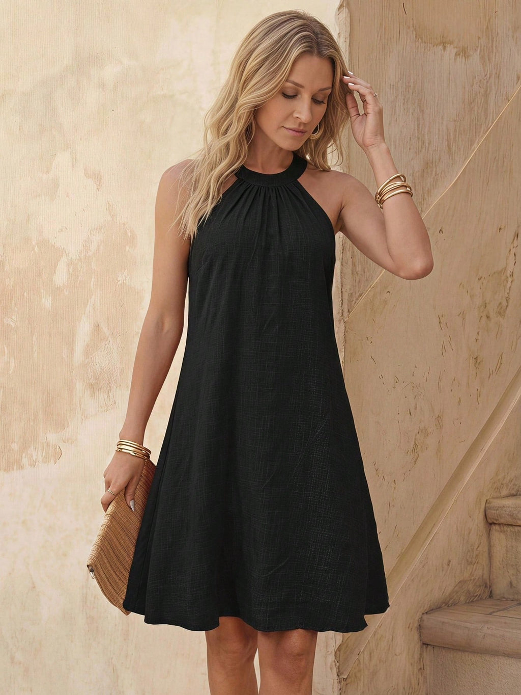 EMERY ROSE Sleeveless Solid Color Casual Halter Dress, Fashionable For Everyday Wear