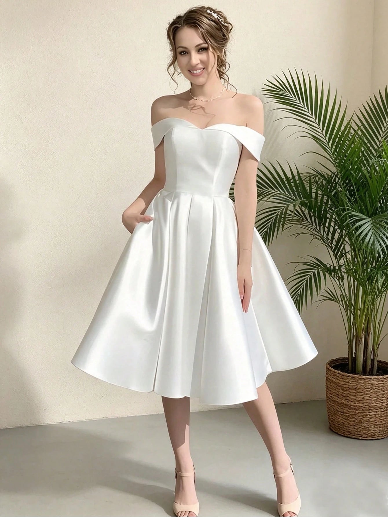 Short Off-Shoulder Bridal Wedding Dress, Tie-Back Minimalist Satin Elegant Ball Gown, Bridal Shower Dress - image 2