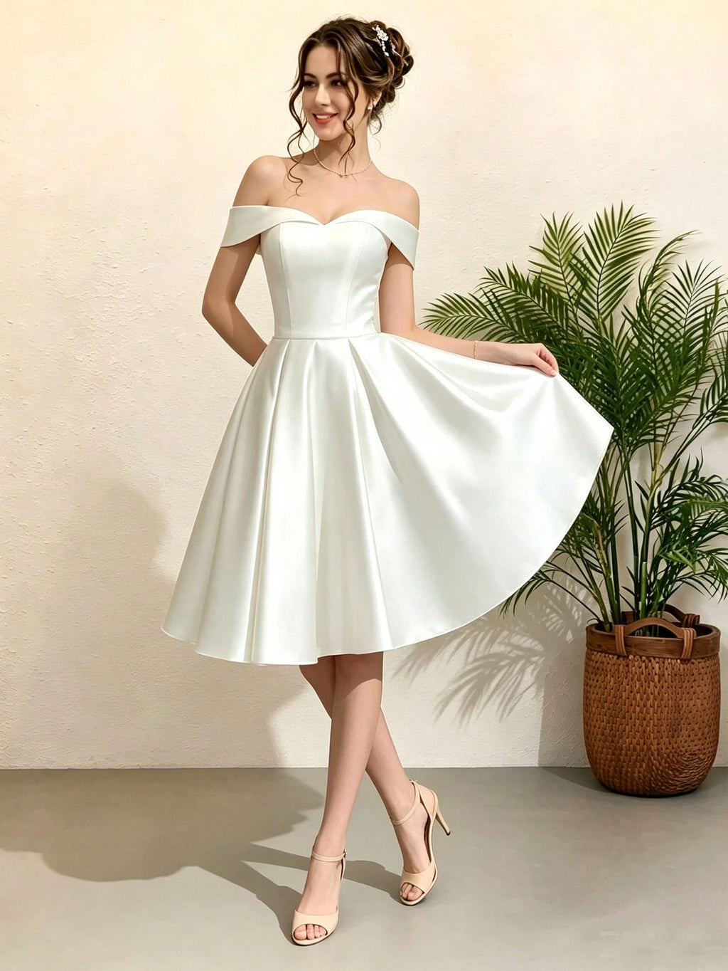 Short Off-Shoulder Bridal Wedding Dress, Tie-Back Minimalist Satin Elegant Ball Gown, Bridal Shower Dress - image 5