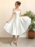 Short Off-Shoulder Bridal Wedding Dress, Tie-Back Minimalist Satin Elegant Ball Gown, Bridal Shower Dress