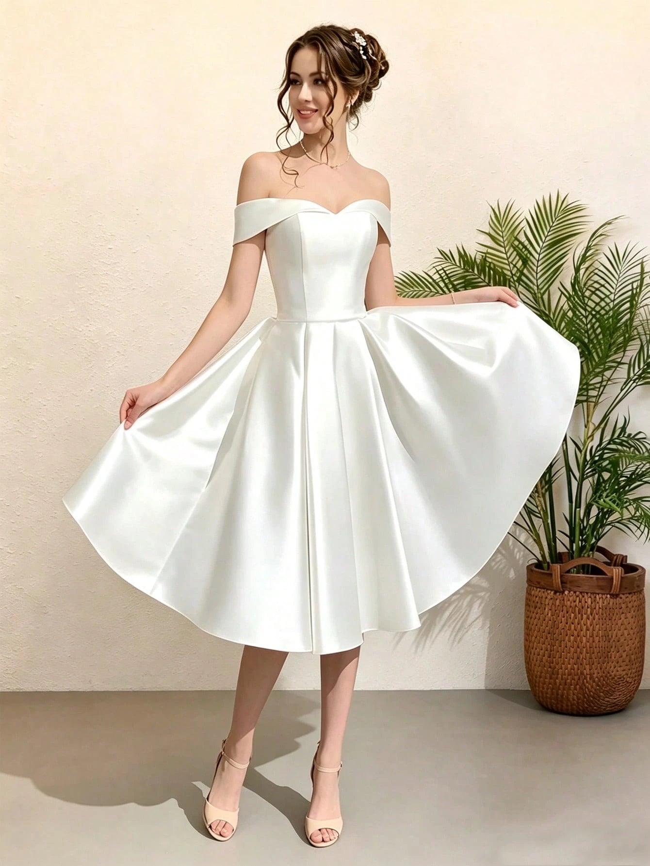 Short Off-Shoulder Bridal Wedding Dress, Tie-Back Minimalist Satin Elegant Ball Gown, Bridal Shower Dress