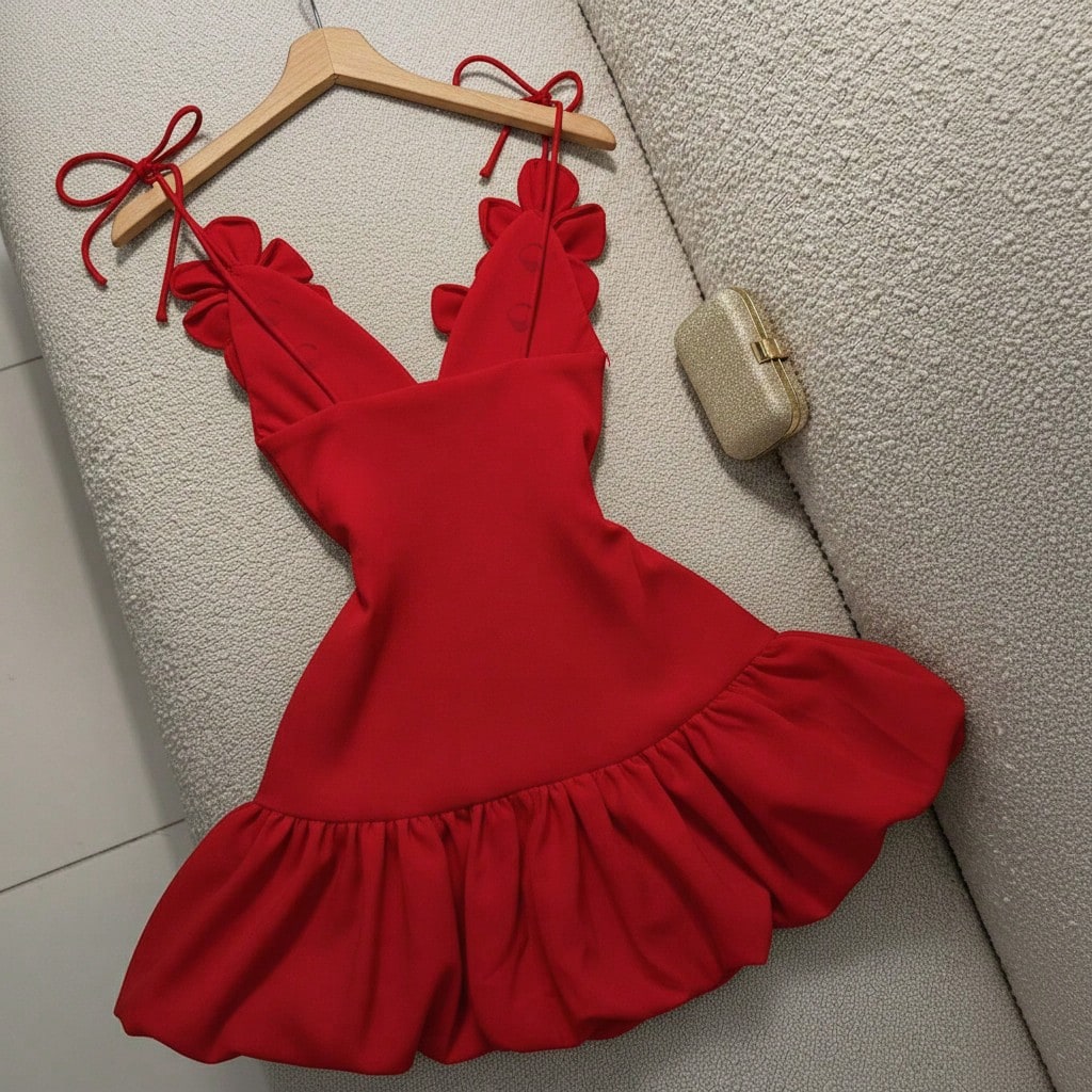 Women's Handmade Floral 3D Decor Deep V-Neck Spaghetti Strap Tie-Up