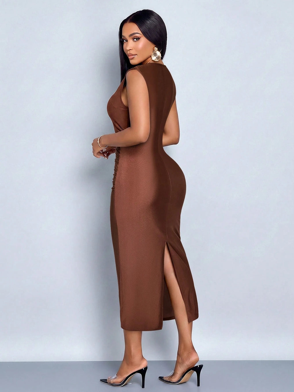 SOLERSUN Women's Elegant Brown Asymmetrical One Shoulder Midi Dress Side Ruched Slim Bodycon Evening Dress - image 2
