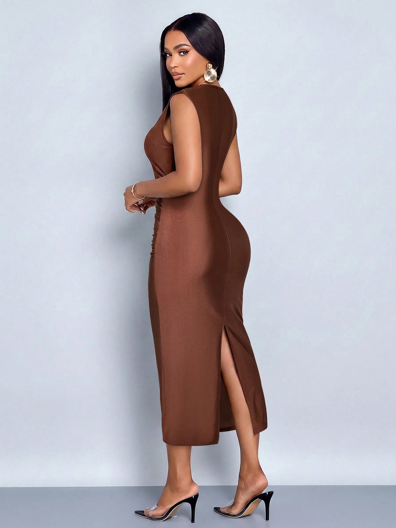 SOLERSUN Women's Elegant Brown Asymmetrical One Shoulder Midi Dress Side Ruched Slim Bodycon Evening Dress - image 2