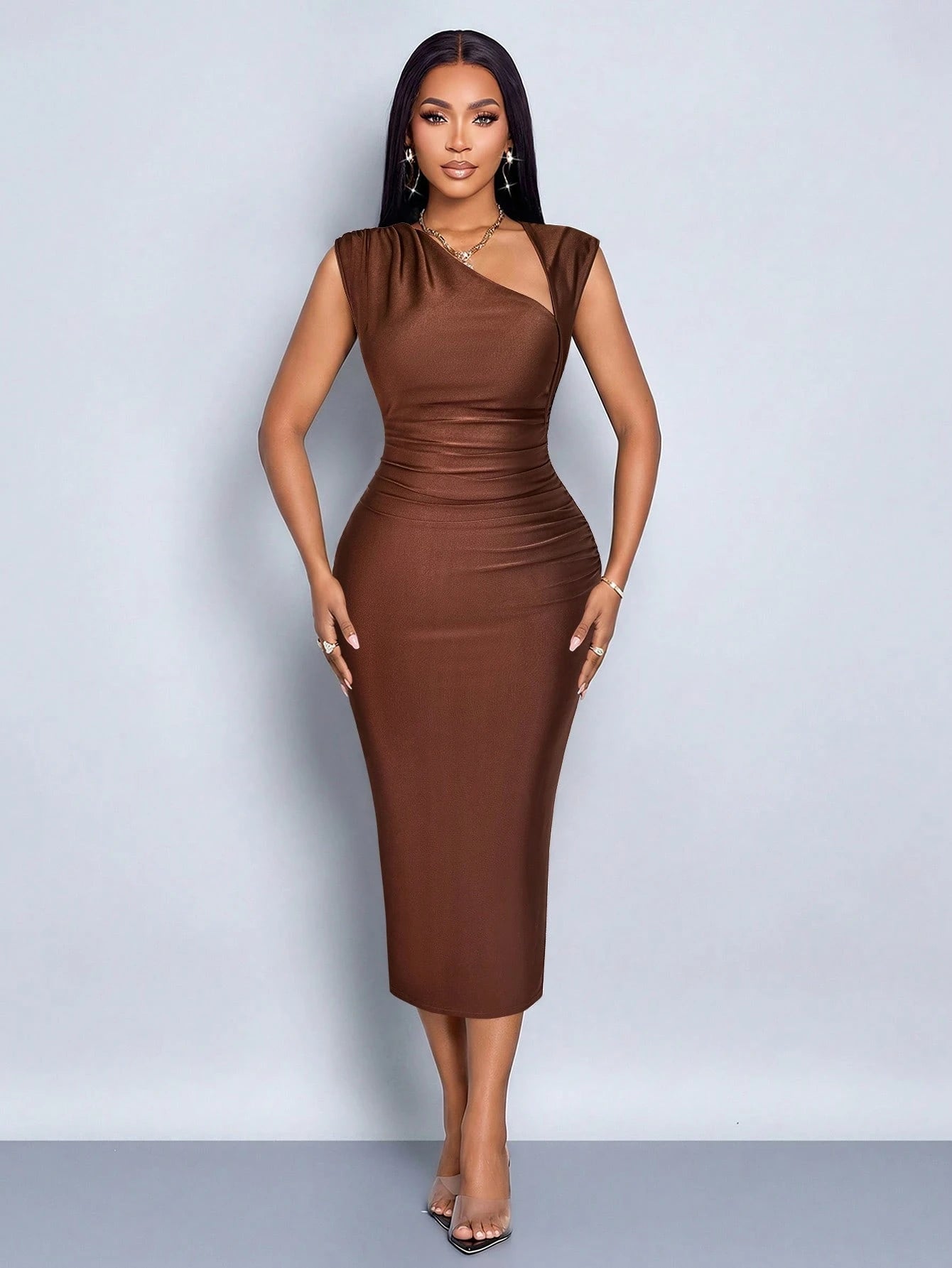 SOLERSUN Women's Elegant Brown Asymmetrical One Shoulder Midi Dress Side Ruched Slim Bodycon Evening Dress - image 7