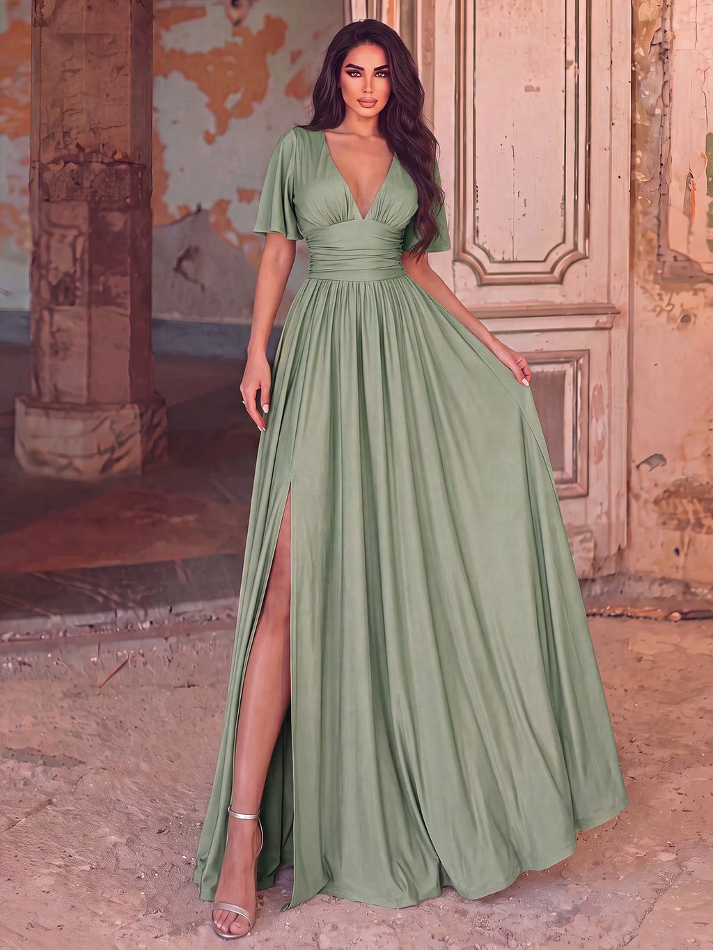 Faeriesty Elegant V-Neck Dress With Flowing Sleeves, Cinched Waist And High Slit - Suitable For Formal Summer - image 20