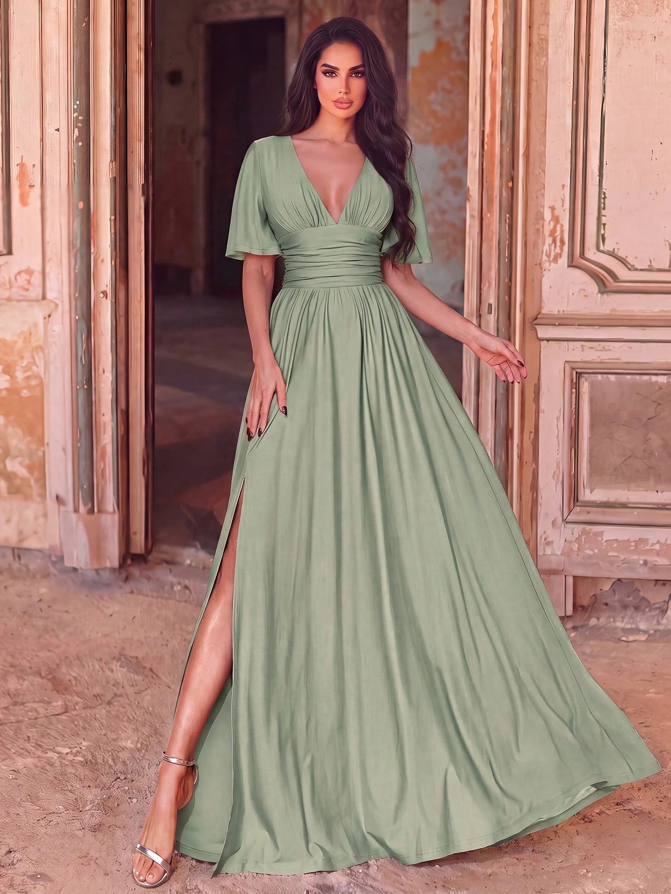 Faeriesty Elegant V-Neck Dress With Flowing Sleeves, Cinched Waist And High Slit - Suitable For Formal Summer - image 13