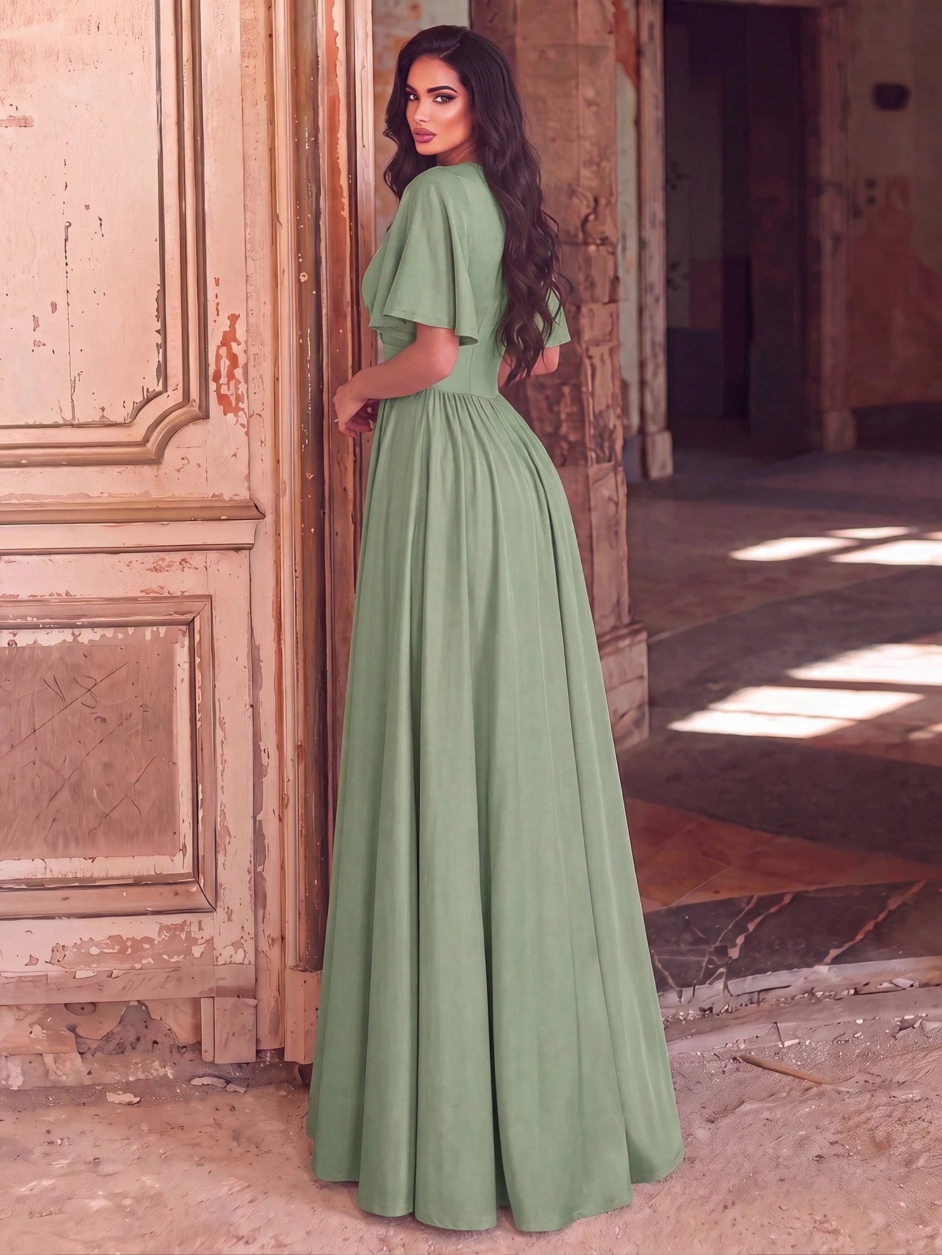 Faeriesty Elegant V-Neck Dress With Flowing Sleeves, Cinched Waist And High Slit - Suitable For Formal Summer - image 14