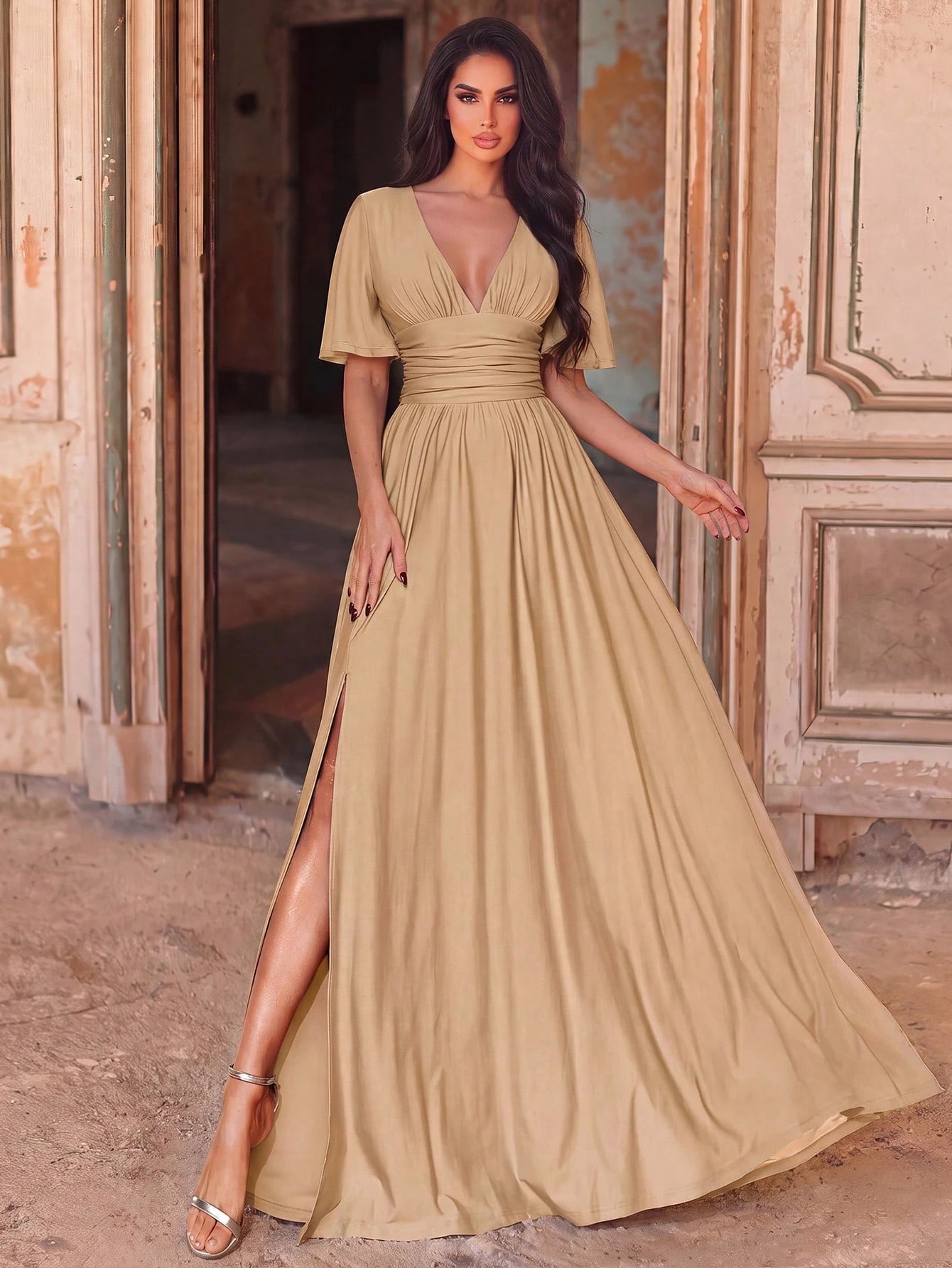 Faeriesty Elegant V-Neck Dress With Flowing Sleeves, Cinched Waist