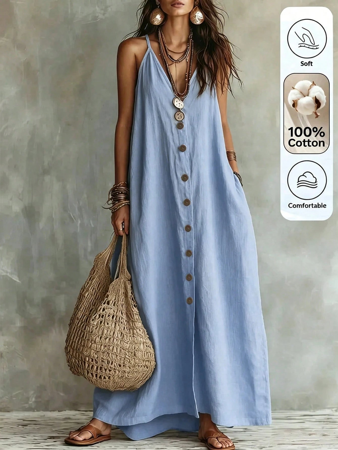 Omancia Women's Casual Boho Solid Color Dress For Summer Holiday