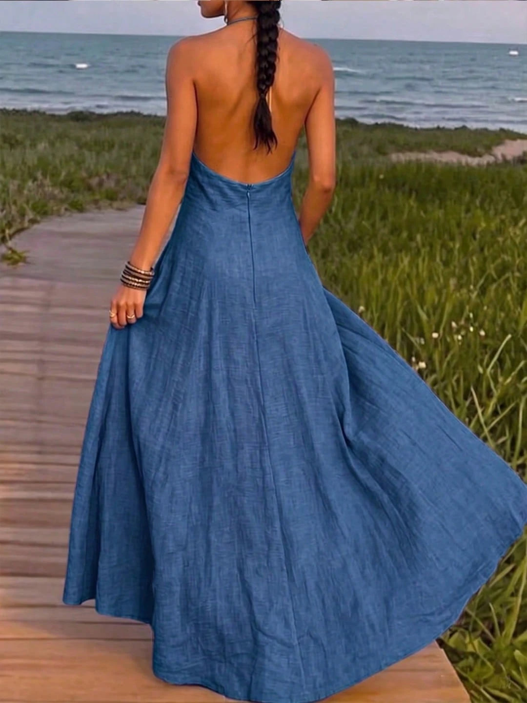 Women's Halter Neck Sleeveless Long Dress With Pockets, Elegant