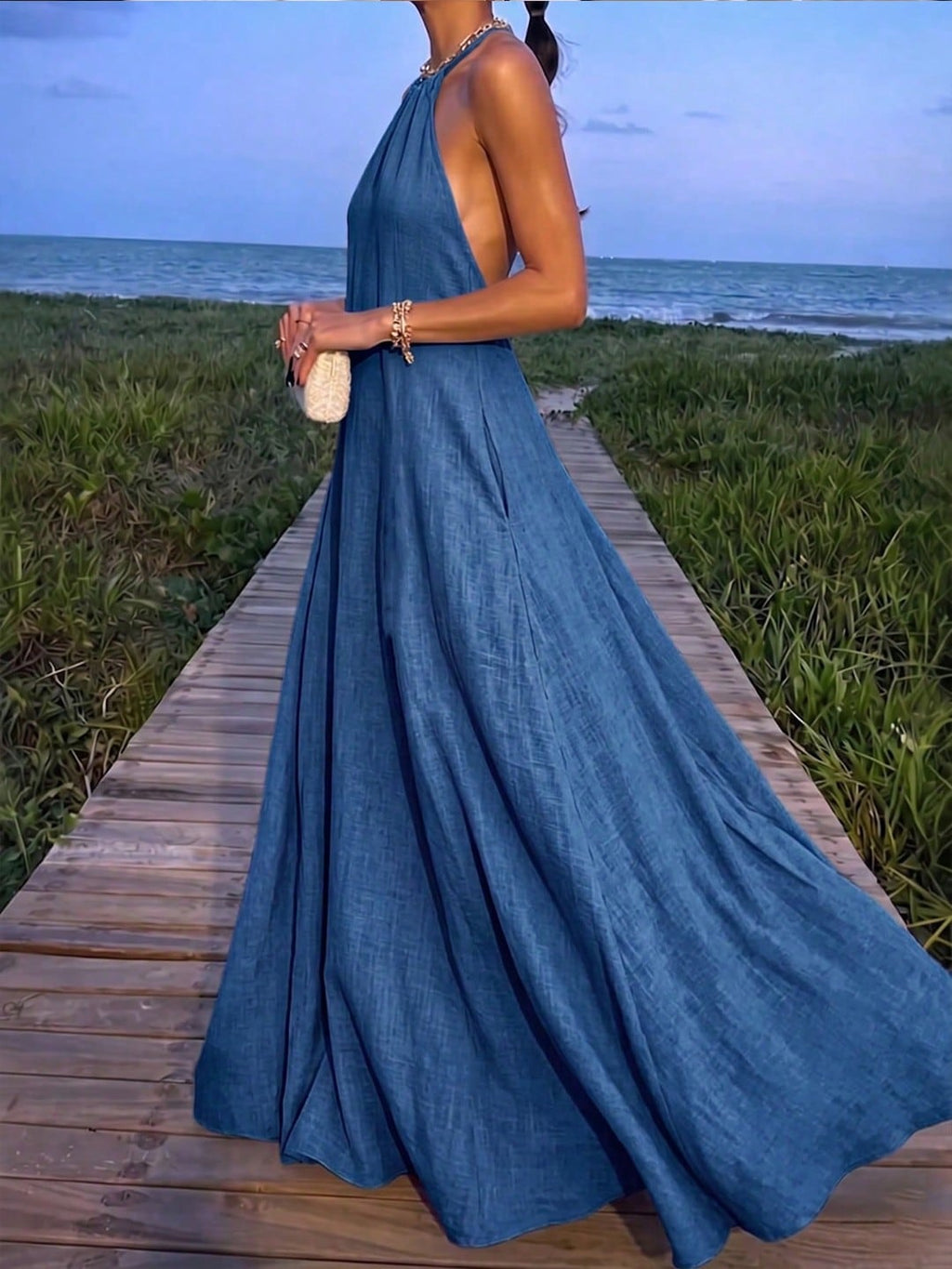 Women's Halter Neck Sleeveless Long Dress With Pockets, Elegant